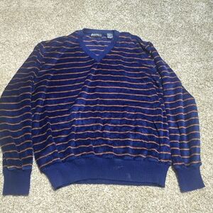 Vanderbuilt Men's V-Neck Sweater in Blue and Orange Stripes